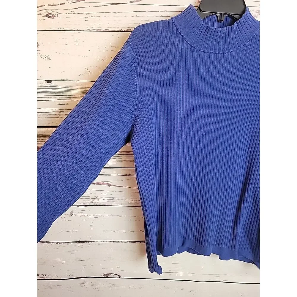 Appleseed's Blue High Neck Silk Blend Ribbed Pullover‎ Sweater Womens Size Large